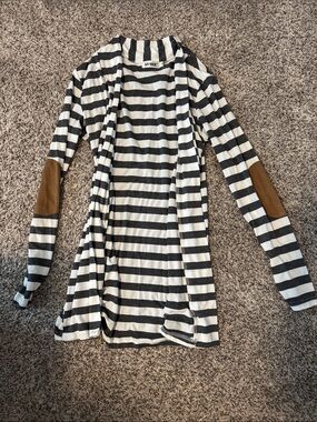 Black & White Striped Long Sleeve cardigan with Brown Elbow Patches